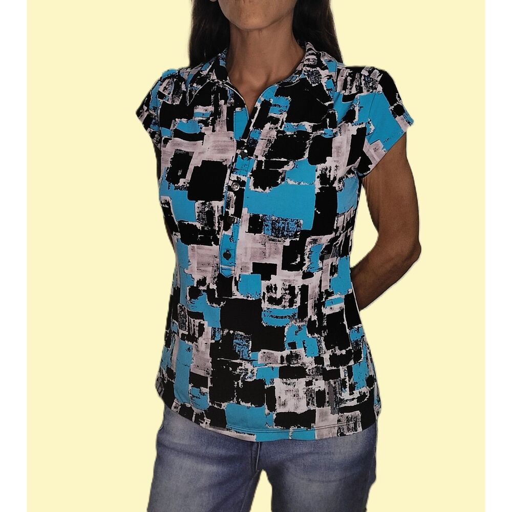 Alfani ~ Black Turquoise Abstract Block Print Top ~ Petite Small